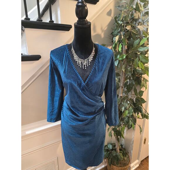 Tacera Dresses & Skirts - Tacera Faux Wrap Velvet Dress Women's Size PL Navy Blue V Neck Long Sleeves